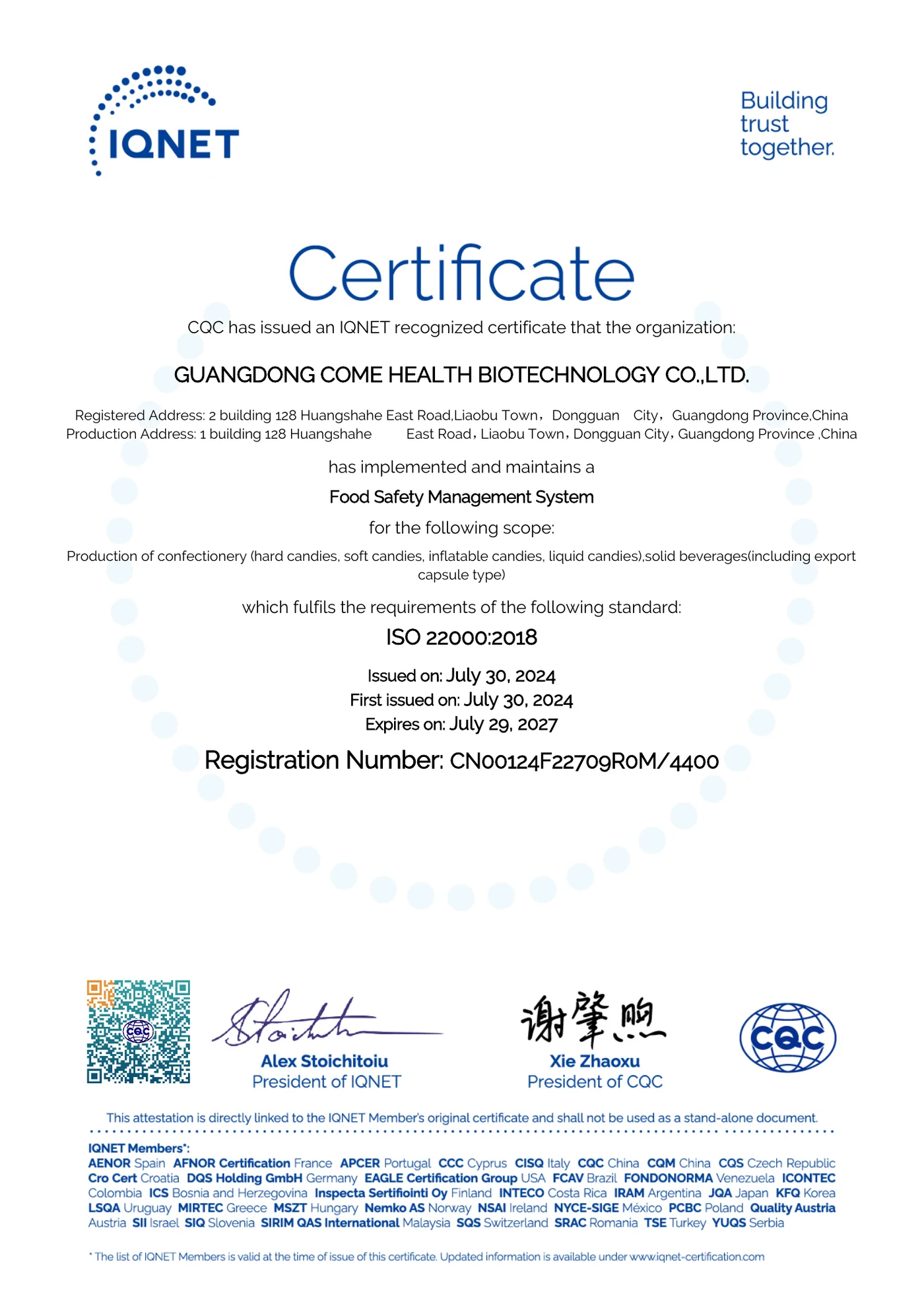ISO 22000:2018 certificate