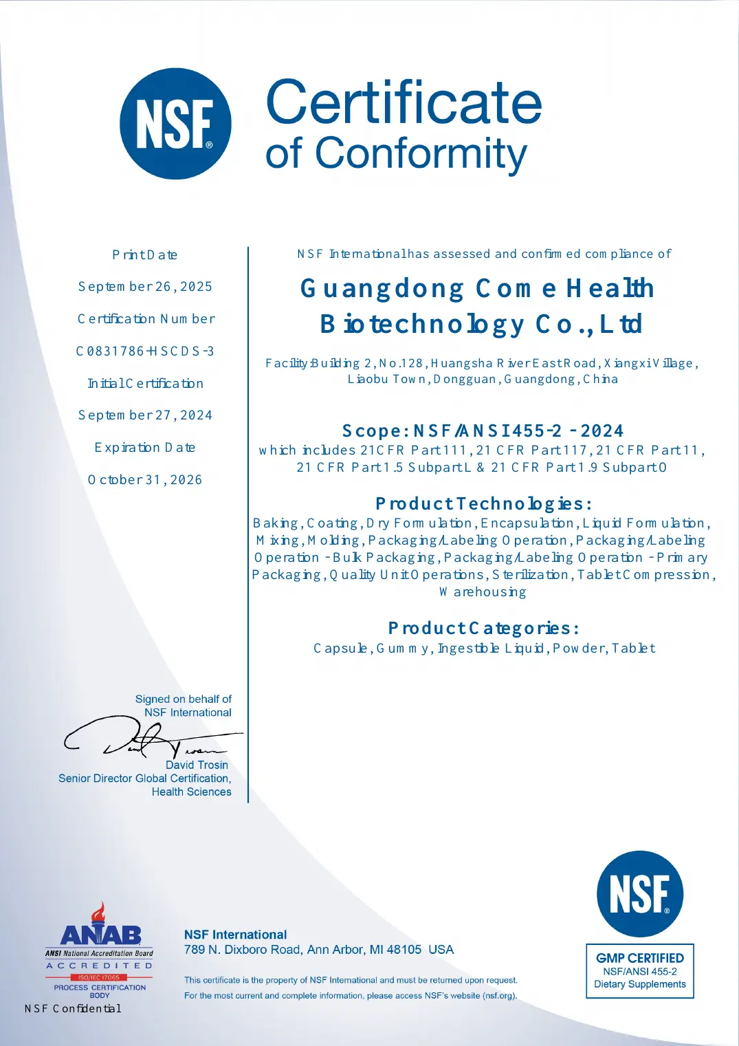 NSF cGMP certificate